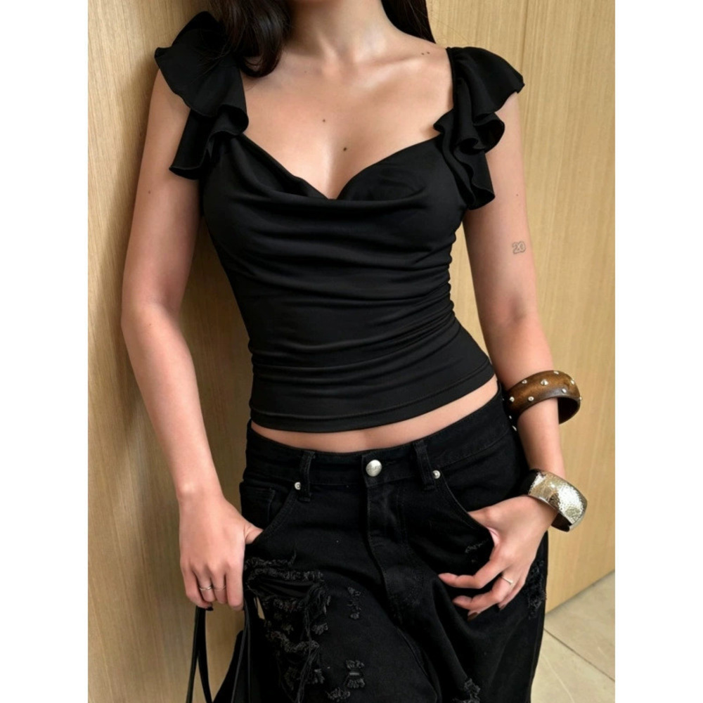 Zara Spring Ruffle Trim Fitted Solid Color Collared Crop Top - Picture 3 of 6